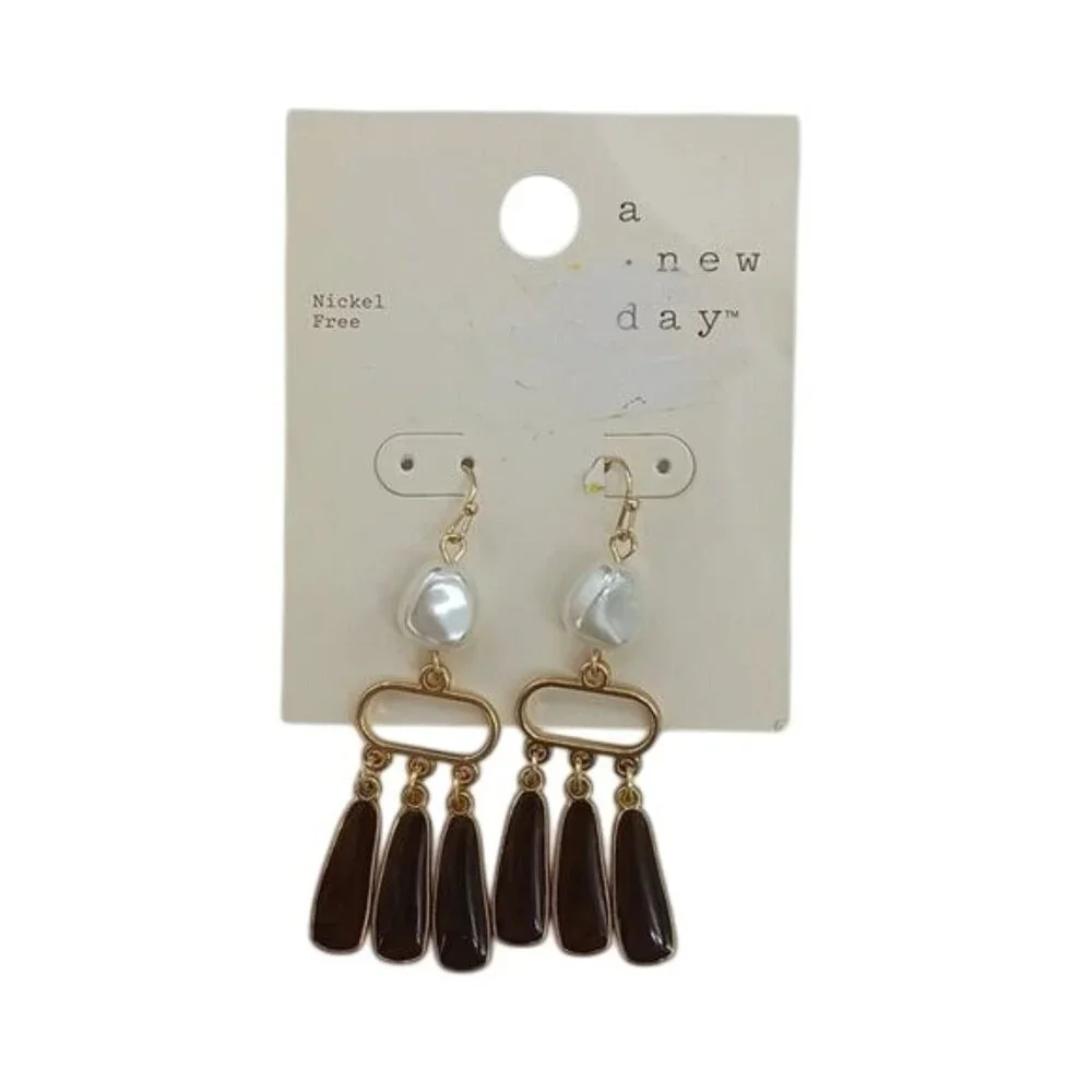A New Day Womens Earrings Drop Dangle Gold Brown Pearl Accent Nickel Free